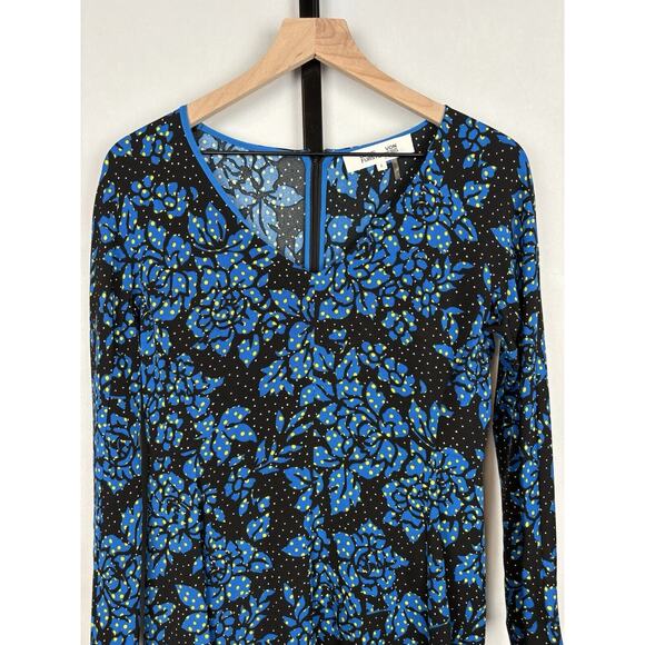 Diane von Furstenberg Silk Blend Blue Floral Print Long Sleeve Dress 6 V-Neck - Picture 2 of 9